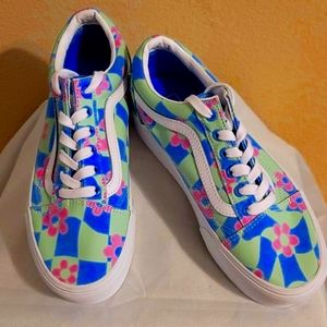 LIKE NEW! VANS Old Skool Stackform Sneaker Checkerboard Floral Blue/ Green